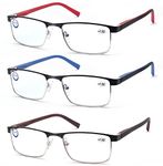 MODFANS 3-Pack Reading Glasses Men Women Blue Light Blocking Metal Frame Rectangle Style Stainless Steel Material Spring Hinges Brown Blue Red