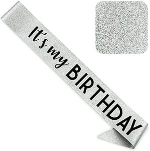 CORRURE 'It's My Birthday' Sash Glitter with Black Foil - Silver Glitter Birthday Sash for Women and Men - Happy Birthday Sash for Girls, Sweet 16, 18th 21st 25th 30th 40th 50th