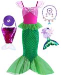 Little Mermaid Costume Ariel Dress for Toddler Grils Birthday Party with Tail Necklace Size 7-8 (K90,140CM)