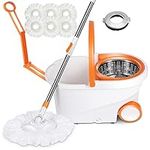 MASTERTOP Mop and Bucket Set, Easy Wring Spin Mop & Bucket System with Wheels and Wringer, Stainless Steel Mop Bucket for Home Floor Cleaning, 6 Microfiber Refills & 1 Cleaning Brush