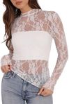 Sheer Tops for Women High Neck Undershirts Sexy Floral for Party Dressy White Floral M