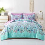 DHSFKBE Queen Comforter Set, 7 Piece Bed in a Bag, Boho Aqua and Lilac Damask Medallion Print Comforter with Sheets, Soft Microfiber Complete Bedding Set for All Season (Aqua, Queen)