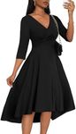 Nmoder Women's High Low Dresses 3/4 Sleeve Cocktail Dress Semi Formal Church Wedding V Neck Casual Midi Dress with Pockets A-Black