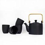 WEOPYCJ Japanese Tea Set Black, Chinese Ceramic Porcelain Teapot Set with 4 Tea Cup 1 Teapot 1 Stainless Infuser, Japan Teapot Set with Wooden Handle (Teapot 30oz&Cup 6oz）