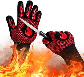 BBQ Fireproof Gloves, Grill Cut-Resistant Gloves 1472°F Heat Resistant Gloves, Non-Slip Silicone Oven Gloves, Kitchen Safe Cooking Gloves for Oven Mitts,Barbecue,Cooking, Frying,13.5 Inch-Red