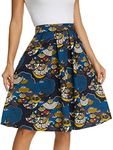 Tandisk Women's Vintage A-line Printed Pleated Flared Midi Skirt with Pockets, Fan Leaf Flower, Medium