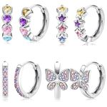 YADOCA 4Pairs Hypoallergenic Small Hoop Earrings For Girls Women 925 Sterling Silver Post Huggie Earrings Cute Heart Flowers Heart Butterfly Star Cubic Zirconia Cartilage Earrings For Sensitive Ears Colorful