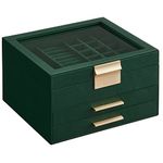 SONGMICS Jewelry Box with Glass Lid, 3-Layer Jewelry Organizer, 2 Drawers, 8 x 9.1 x 5.3 Inches, Forest Green and Gold Color UJBC239C01