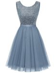 BeryLove Sequin Dress Vintage A Line Wedding Formal Swing Tulle Dress Sleeveless Cocktail Mini Dress, Tulle Grey Blue, Medium