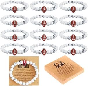 Fmelut 12 Sets Football Bracelets for Men Women, Handmade Sports White Turquoise Elastic Stretch Bracelets, 8mm Rugby Beads Bracelet Jewelry Fan Gift with Inspirational Card(White, Rugby)
