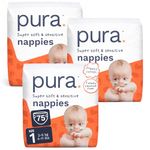Pura Newborn Baby Nappies Size 1, 75 Count, 2-5kg/4-11lbs, Cloud Soft Nappies for Hypoallergenic & Sensitive Skin, Toxin-Free*, Blowout Blocker™, Wetness Indicator, Up to 12 Hours Leak Protection