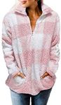 MEROKEETY Women's Plaid Sherpa Fleece Zip Sweatshirt Long Sleeve Pullover Jacket, Pink, XX-Large