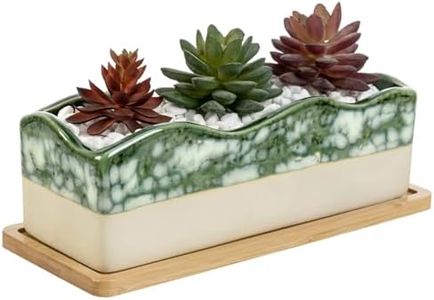 MyGift Rectangular Succulent Planter - Decorative Beige and Green Ceramic Glazed Plant Container Pot with Removable Bamboo Tray