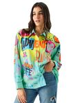 The Souled Store Wanderlust Women and Girls Long Sleeve Collared Neck Button Down Oversize Fit Multicoloured All Over Graphic Prints Pop Culture Print Fashionable Trendy Boyfriend Shirt