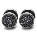 10mm Women Mens Black Circle Stud Earrings Black Glitter, Steel Cheater Fake Ear Plugs Gauges Tunnel(CA)