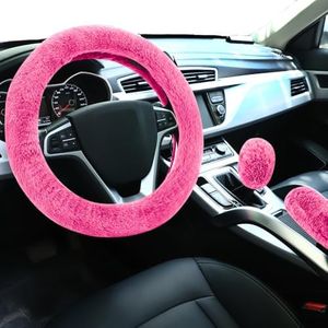 Fuzzy Steering Wheel Cover for Women Girls Ladies, Accmor Universal Fashion Winter Warm Fluffy Vehicle Wheel Protector, Fur Car Wheel Cover & Handbrake Cover & Gear Shift Cover Set (Pink)