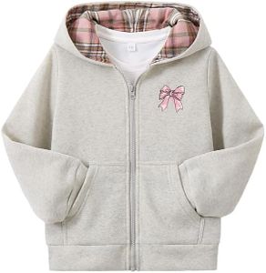 Fdqin Girls Zip Up Hoodies Kids Long Sleeve Sweatshirt Fall Jacket Bow Graphic with Pockets Winter Clothes 9-10 Years Grey