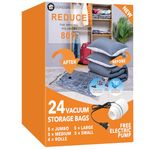 24 Pack Vacuum Storage Bags with Electric Pump, (5 Jumbo, 5 Large, 5 Medium, 5 Small, 4 Roll Up Bags) Space Saver Bag for Clothes, Mattress, Blanket, Duvets, Pillows, Comforters,Travel…