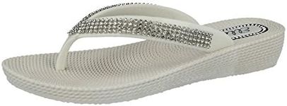 ella Ladies S1 Diamante Toe Post Flat Low Wedge Jelly Flip Flop Summer Sandals Size 3-8 (UK 5, White)