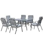 Outsunny 7 Piece Garden Dining Set, Outdoor Dining Table and 6 Cushioned Armchairs, Tempered Glass Top Table w/Umbrella Hole, Texteline Seats, Grey