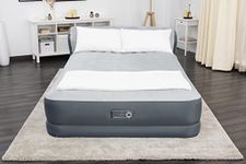 SleepLux Queen Air Mattress with Headboard | Supersoft Snugable Top, Extra Durable Tough Guard | Raised Airbed with Built in Pump + USB Charger (90''x60''x29'') Grey