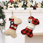 Guojanfon 2 Pcs Pet Dog Christmas Stockings, Buffalo Plaid Large Bone Shape Pets Stockings for Dogs Christmas Decorations