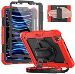 Timecity Case for iPad Pro 11 Inch 2022/2021/2020/2018, Heavy-Duty Protective Case for iPad 11" 4th/ 3rd/ 2nd/ 1st Gen with Built-in Screen Protector, 360 Rotating Stand, Shoulder Strap - Red