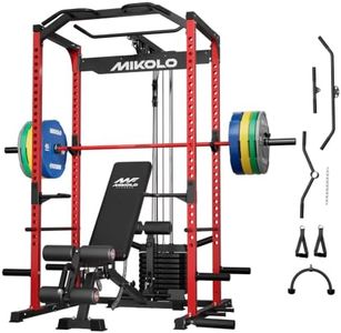 Mikolo F4-2.0 Elite Power Cage with Weight Stack & Dual-Track Smooth Pulley System for Home Gym, 1200LBS Squat Rack with Leg Hold-Down for Heavy LAT Pulldowns (Red with Bench＆Bar＆230LB CP)