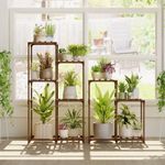 Bamworld Indoor Plant Stands Outdoor Combo Plant Shelves for Multiple Plants 10 Pots Wooden 2 Sets of Package Plant Rack for Living Room Balcony Garden