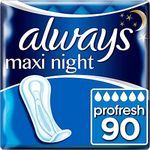 Always Maxi Profresh Night Sanitary Towels, 90 Towels (9 x 10 Packs), Odour Neutraliser, Super Absorbent Core