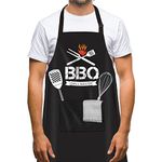 Funny Cooking Black Apron for Men & Women with Large Tool Pocket Adjustable Neck Strap Waterproof and Oil Proof Best for Kitchen Cooking, Grilling, Baking, Gardening (Black-BBQ)