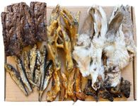 Natural Dog Treat Box Including 30 Natural Dog Chews and Treats. Hairy Rabbit Ears, Dried Sprats, Puffed Beef Jerky, Chicken Feet, Wings & Hearts. Suitable for Small, Medium and Large Adult Dogs.