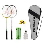 Kawasaki Badminton Racket Set of 2, Lightweight Graphite Shaft Carbon Alloy Frame Badminton Rackets for Training, Sports and Entertainment, with 3 Badminton shuttlecock, 2 Overgrips and Carrying Bag