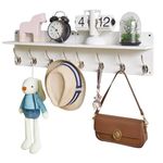 YMYNY Coat Rack Shelf Wall Mounted, Wooden Coat Hooks Set of 2, Entryway Coat Hanger with 8 Hooks,80cm L Floating Shelves, Key Holder, for Kitchen, Bedroom, Bathroom, Living Room, White,HWS006W-2