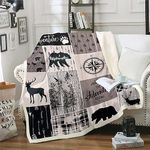 Bear Deer Fleece Blanket Twin Size, Rustic Farmhouse Patchwork Throw Blanket For Kids Boys Teens Adult Men, Vintage Cabin Lodge Decor Sherpa Blanket Woodland Animal Plaid Fuzzy Blanket, Brown