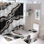 4 Pieces Shower Curtain Set Soft & No Slip Bathroom Rug, U Shaped Contour Mat, Toilet Lid Cover for Bathroom " (black marble pattern)