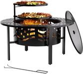 PrimeZone 36" Outdoor Fire Pit with 2 Grills - Wood Burning Firepit for Outside with Cover & Poker, Heavy Duty Metal Fire Pit Large Round Fireplace for Patio, Backyard, Picnic, Camping, Bonfire