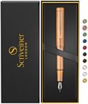 Scriveiner Luxury EDC Fountain Pen (Medium), Stunning Heavy Brass Pocket Pen, Hand Brushed Copper Finish, Schmidt German Nib Converter, Best Writing Pen Gift Set for Men Women, Nice Fancy Designer Pen