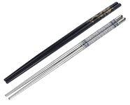 ikis - 2 Pairs Metal Chopsticks 23 cm Long Stainless Steel & Wooden Black Chopstick - Reusable Chop Sticks for Noodles Sushi Hotpot Square Grip to Hold Food Perfectly Lightweight