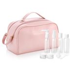 MoKo Water-Resistant PU Leather Large Capacity Makeup Organiser Bag, Airport Security Clear Travel Toiletry Bag with Bottles Cosmetic Wash Bag Accessories Set for Women Men Travel Organizer, Pink