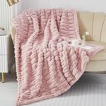 Faux Fur Throw Fleece Blanket 3D Stylish Jacquard Weave Design Casa Carina-Super Soft Fluffy Fuzzy Plush Blanket-Cozy and Thick for Couch Chair Bed 130x160cm(51x63in) Light Pink