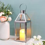 JHY DESIGN Silver Decorative Lanterns 16 inch High Stainless Steel Candle Lanterns with Tempered Glass.for Indoor Outdoor,Events,Parities and Weddings