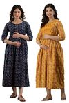 HRK VEMON Women's Pure Cotton Printed Maternity Gown Feeding Nighty A-line Feeding Dress Kurti Gown for Women Pack of 2 (Medium, Multi-38)