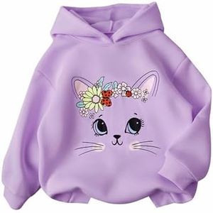 PATPAT Girls Cute Cat Ear Hoodie Size 5-6 Years Light Purple Graphic Long Sleeve Pullover Hooded Sweatshirt Casual Cartoon Tops for Little Girl