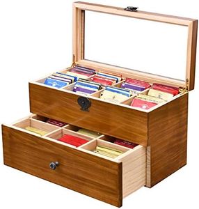 WELLAND Large Capacity Vintage Wood Tea Bag Box, Tea Storage Chests with Clear Lid & 2-Layer 14 Compartments