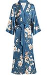 Aensso Long Soft Lightweight Silky Kimonos Robes for Women, Luxury Japanese Floral Womens Kimono Robe, Indigo, One Size