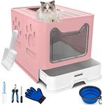 Cat Litter Box Large Pan - Foldable Top Exit Pet Boxes with Entry Lid, Plastic Cleaning Scoop,Cat Nail Clippers,Portable Cats Bowl (Pink)