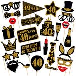 Zyozique 40th Birthday Party Photo Booth Props (26 Count) for Her Him 40th Birthday Gold and Black Decorations, Big 40 Birthday Party Supplies for Men and Women