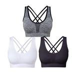 SEGRILA Women’s Sports Bras 3 Pack Crisscross Back Yoga Bras Medium Support Workout Bras with Removable Pads（Black&White&Grey, L）