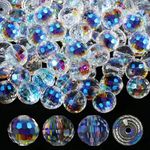 100Pcs Briolette Crystal Glass Beads for Jewelry Making, Crystal AB Color 10mm Round Faceted Glass Beads Bulk, Large Sparkling Glass Rondelle Spacer Beads for Jewelry Bracelet Making (Crystal Silver)